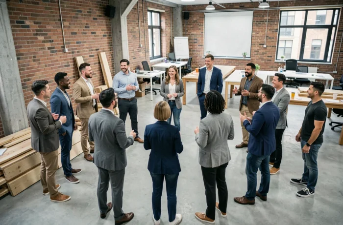 Adultes jouant à une version moderne de Jacques a dit lors d'un atelier team-building en open space, animatrice donnant les consignes au groupe