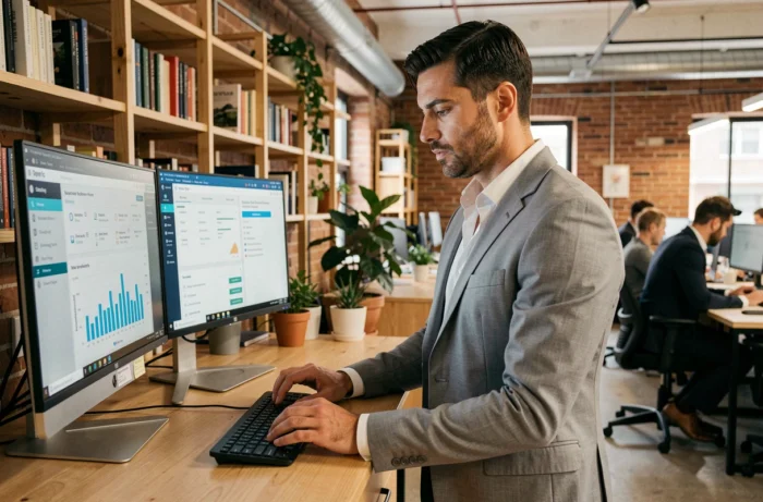 Professionnel en startup analysant des plateformes de contenus B2B sur deux écrans dans un bureau open space