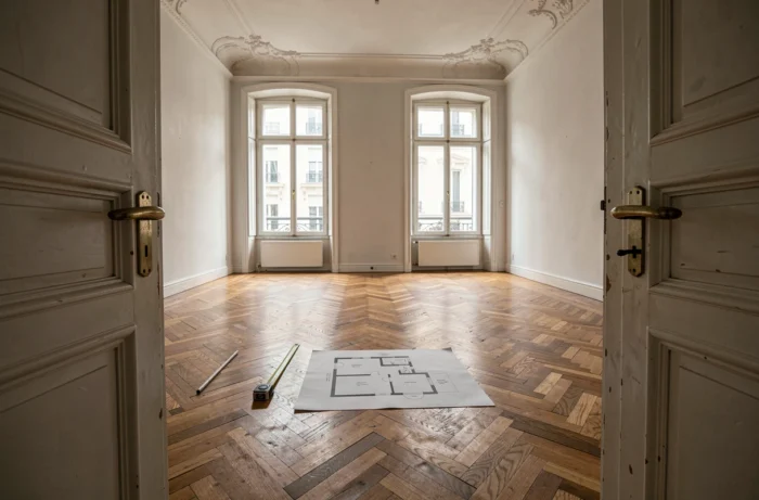 Appartement haussmannien vide à Lyon Presqu'île avec parquet ancien et plan au sol lors d'une visite d'estimation locative