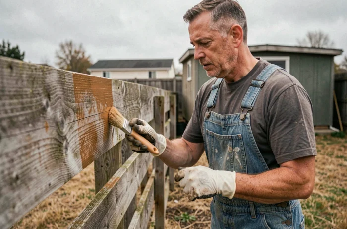 Homme appliquant une lasure polyuréthane sur une clôture en bois dans un jardin, avec un pinceau naturel et des gants de protection