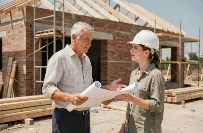 Architecte senior et collègue discutant sur un chantier de construction d'une maison contemporaine avec plans en main