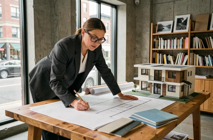 Architecte professionnelle étudiant des plans de maison sur une table de travail dans un studio d'architecture moderne