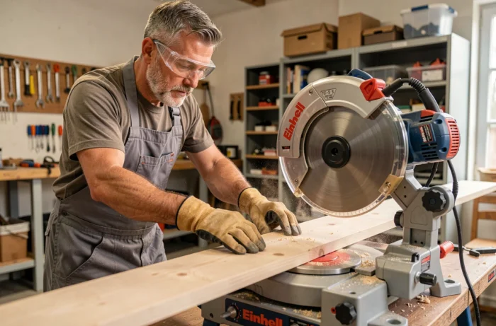 Artisan utilisant la scie à onglet Einhell TC-SM 2131 Dual pour découper une planche en bois avec précision