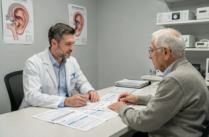 Audiologiste et patient examinant des documents d'assurance santé pour le remboursement de prothèses auditives en cabinet médical