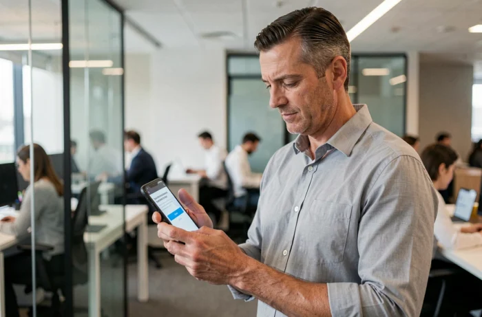 Homme en entreprise utilisant l'authentification à deux facteurs sur son smartphone pour sécuriser ses comptes professionnels