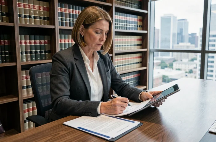 Avocate en costume gris analysant des documents juridiques dans un cabinet moderne en 2024
