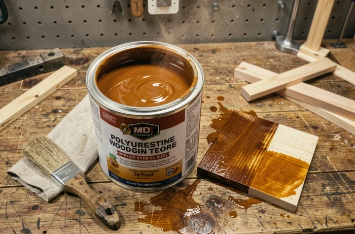Boîte de lasure polyuréthane ouverte sur un établi d'atelier avec un pinceau usagé et une planche de bois en cours de traitement