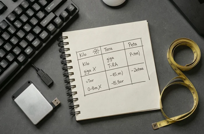 Vue aérienne d'un bureau avec un carnet expliquant les unités informatiques kilo, giga, tera et peta à côté d'un clavier et de supports de stockage