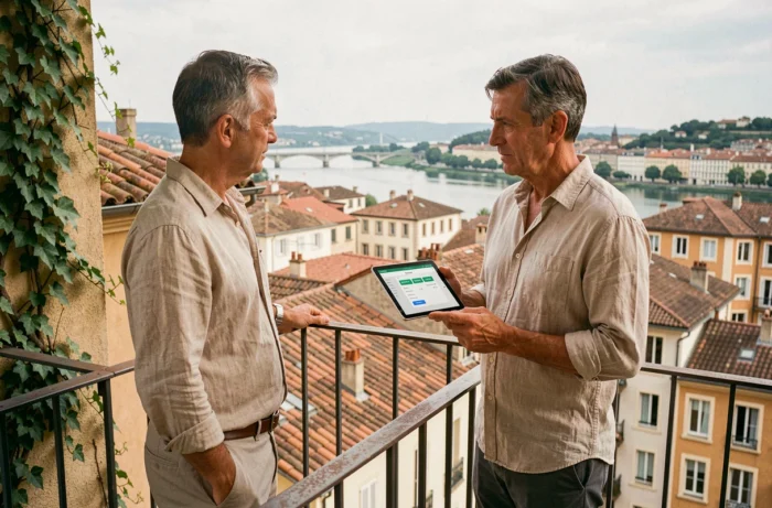 Propriétaire bailleur calculant le rendement locatif de son appartement depuis un balcon avec vue sur les toits de Lyon