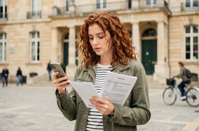 Jeune femme cherchant un emploi à Poitiers, tenant son CV devant une architecture de centre-ville français