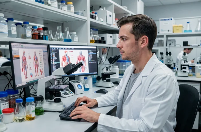 Jeune chercheur en blouse blanche analysant des données médicales dans un laboratoire scientifique