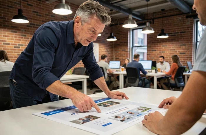 Professionnel masculin présentant une maquette de site web à un collègue dans un espace de coworking urbain