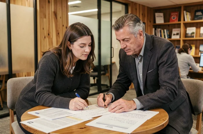 Deux professionnels collaborant sur une stratégie de contenu B2B autour d'une table dans un espace de coworking