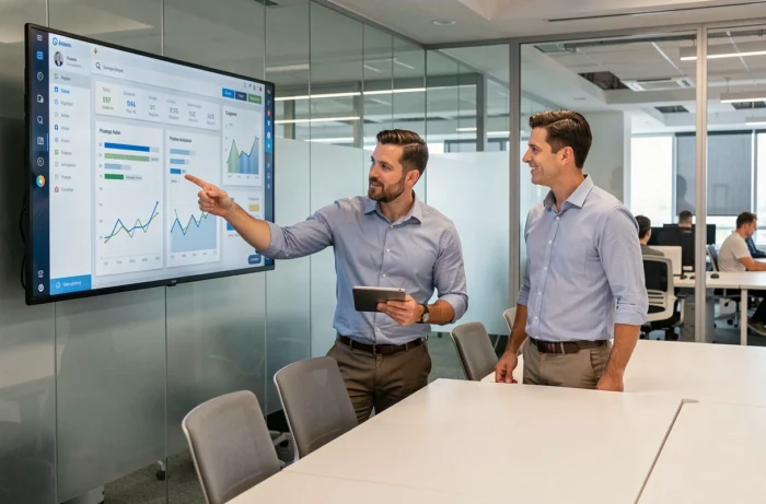 Deux collègues analysant un tableau de bord analytique ConnexaFlow en temps réel dans une salle de réunion vitrée en entreprise
