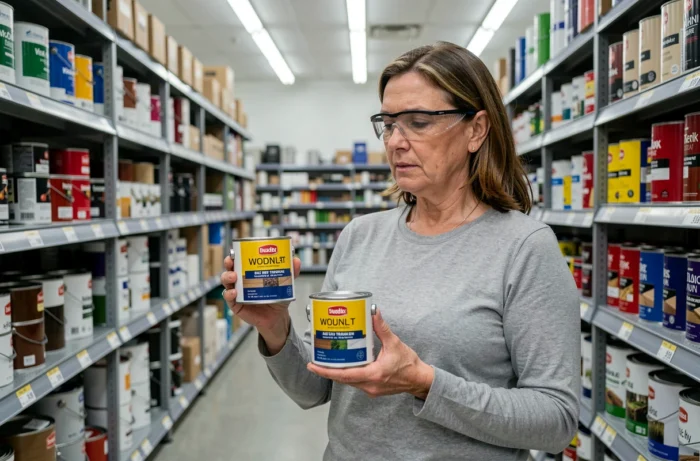 Femme comparant deux produits de lasure en magasin de bricolage, tenant des boîtes aux rayons peinture et vernis