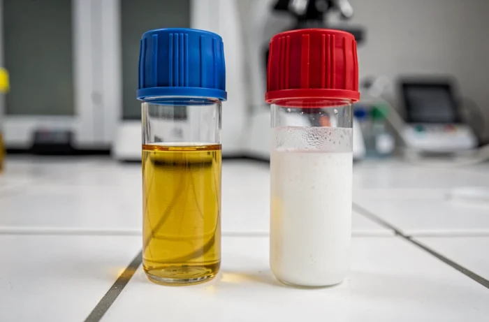 Comparaison de deux tubes de sérum sanguin, l'un clair et l'autre opalescent en raison des triglycérides élevés après un repas gras