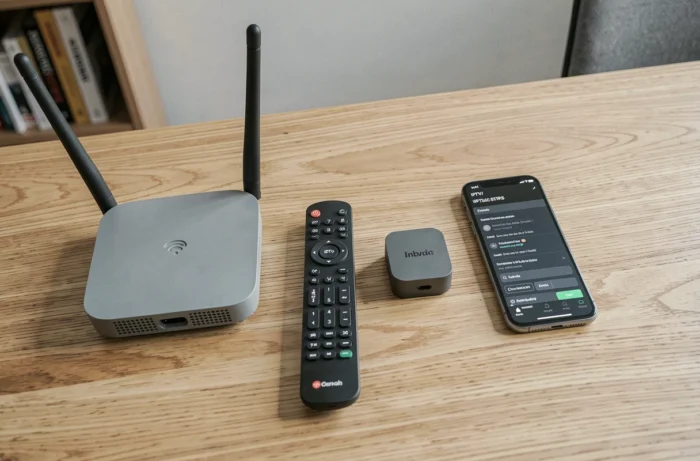Configuration matérielle pour installer IPTV en wifi avec box Android, routeur et télécommande sur un bureau en bois