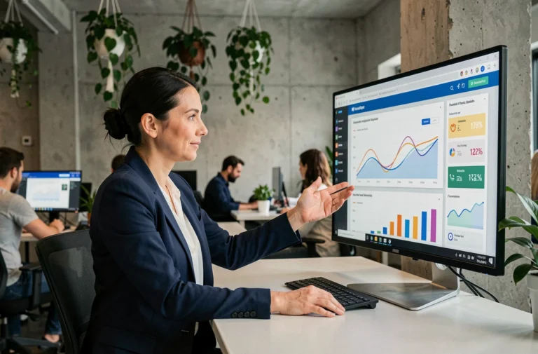 Consultante en agence web analysant des données analytiques sur un écran pour booster la présence en ligne d'une entreprise