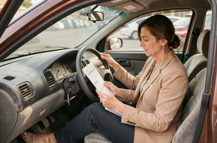 Femme consultant un rapport d'historique de véhicule à l'intérieur d'une voiture d'occasion
