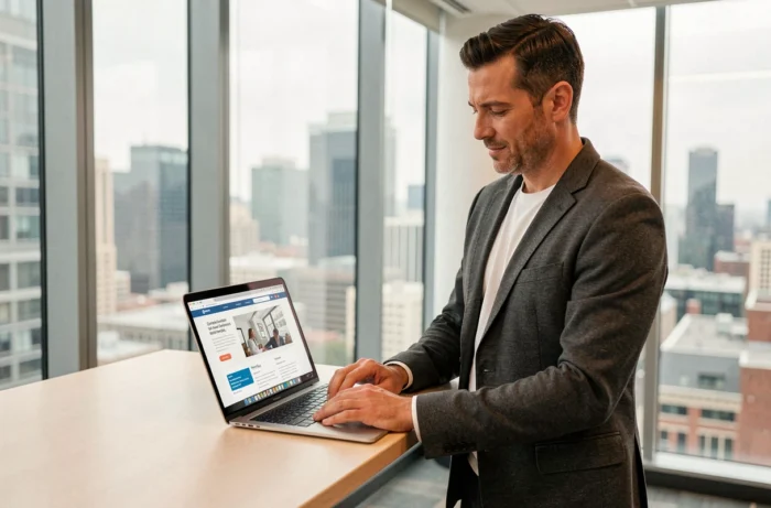 Homme d'affaires consultant les pages d'un site web sur un laptop dans une salle de réunion vitrée