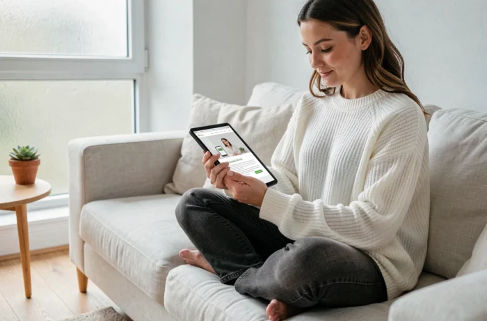 Jeune femme consultant un site web professionnel sur une tablette dans un salon au style scandinave épuré