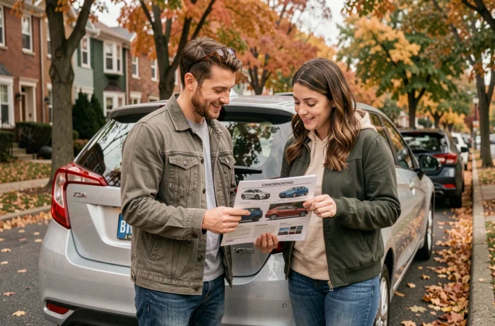 Couple comparant des modèles de voitures hybrides avec une brochure dans une rue résidentielle en automne
