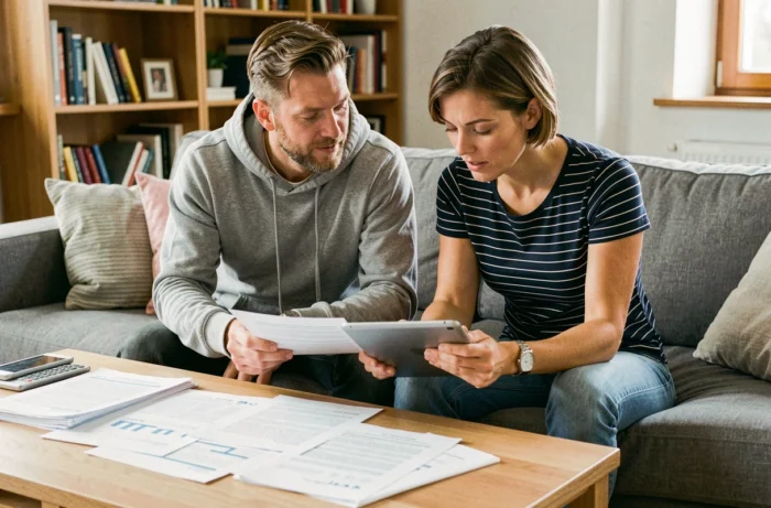 Couple examinant ensemble des documents financiers et une tablette dans leur salon