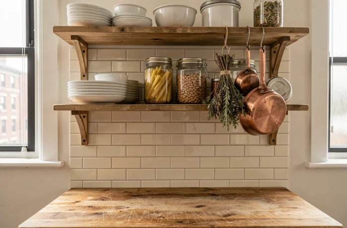 Étagères de cuisine ouverte organisées avec vaisselle en céramique, bocaux en verre et casseroles en cuivre dans un appartement urbain