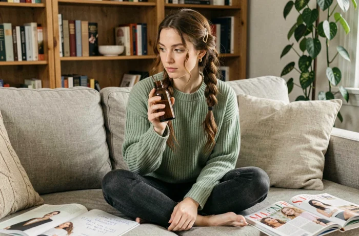 Jeune femme découvrant un soin capillaire tendance dans un salon cosy entouré de magazines beauté 2024