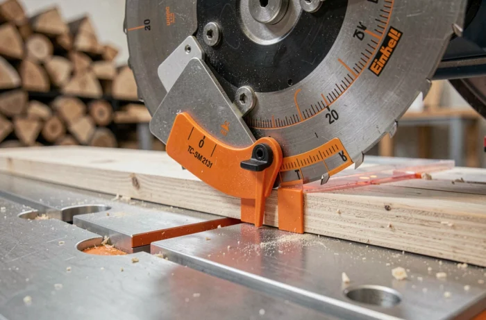 Détail du mécanisme de réglage de biseau et du plateau de coupe de la scie Einhell TC-SM 2131 Dual