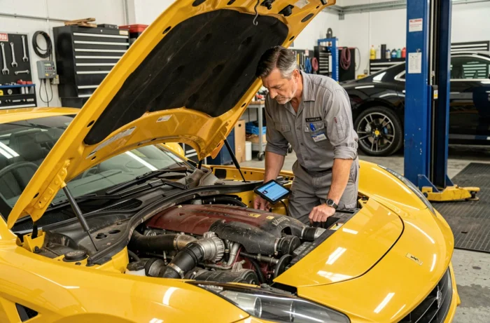Mécanicien professionnel effectuant un diagnostic moteur sur une Ferrari California jaune dans un garage indépendant