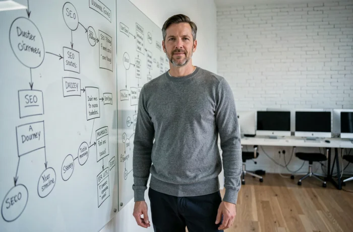 Directeur d'agence web présentant une stratégie de présence en ligne sur un tableau blanc avec des diagrammes de marketing digital