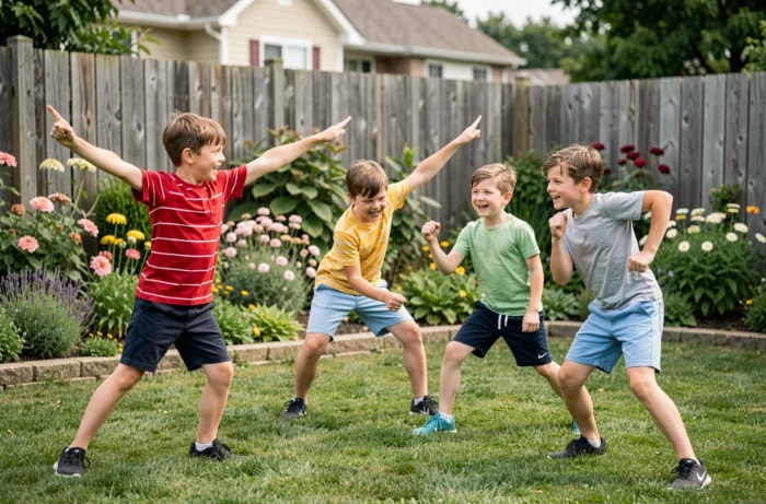 Groupe d'enfants jouant à Jacques a dit dans un jardin, un garçon donne les ordres pendant que ses amis se figent dans des poses rigolotes