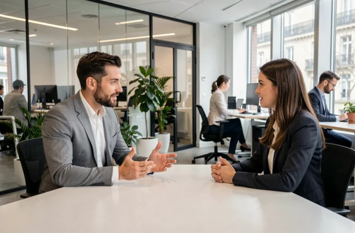 Entretien d'embauche professionnel dans un bureau moderne à Poitiers entre un candidat et un recruteur
