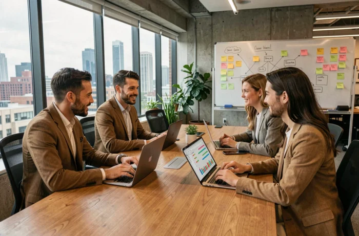 Équipe professionnelle collaborant autour d'une table de réunion avec des tableaux de bord de productivité ConnexaFlow affichés sur leurs écrans