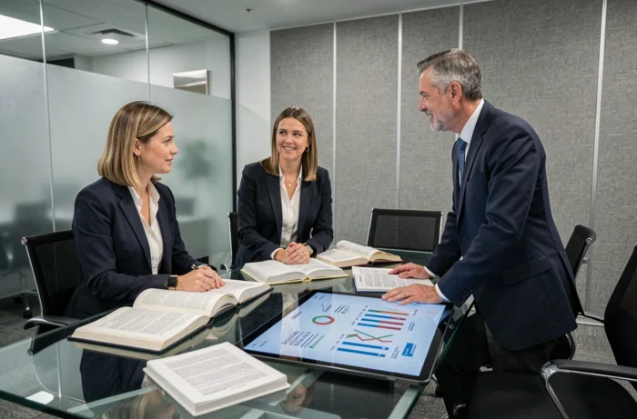 Équipe de juristes discutant des tendances juridiques 2024 autour d'une table de conférence moderne