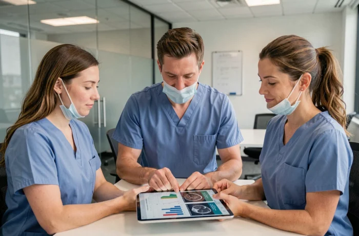 Équipe médicale pluridisciplinaire analysant des données de santé sur une tablette dans une salle de réunion clinique