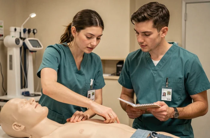 Étudiants en formation médicale pratiquant une simulation clinique dans un centre de formation santé