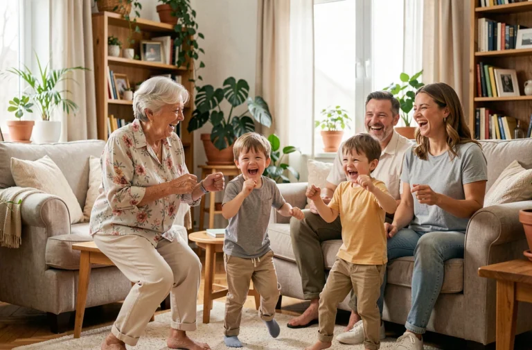 Famille multigénérationnelle jouant à Jacques a dit dans un salon chaleureux, grands-parents et enfants figés dans une pose amusante