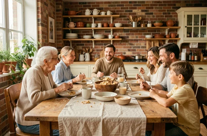 Famille multigénérationnelle réunie autour d'un repas convivial, grands-parents, parents et enfants partageant un moment chaleureux à table