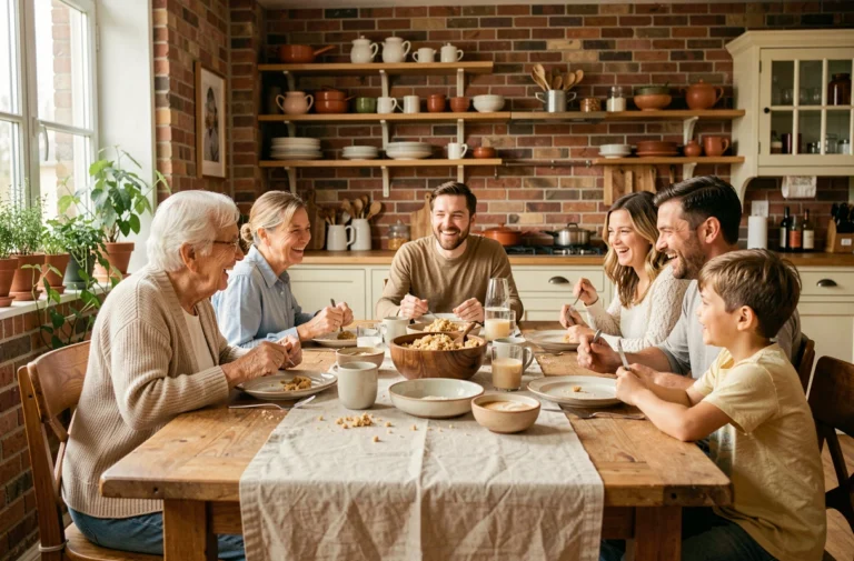 Famille multigénérationnelle réunie autour d'un repas convivial, grands-parents, parents et enfants partageant un moment chaleureux à table