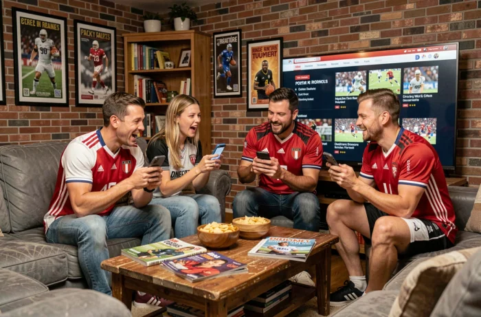 Groupe d'amis passionnés de sport regardant les actualités sportives ensemble sur une smart TV