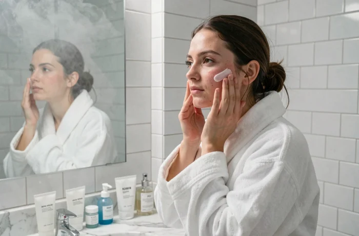 Jeune femme appliquant une crème anti-boutons sur le visage devant un miroir de salle de bain