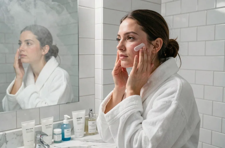 Jeune femme appliquant une crème anti-boutons sur le visage devant un miroir de salle de bain