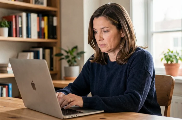 Femme concentrée travaillant sur un ordinateur portable dans un bureau à domicile bien rangé, illustrant la maîtrise des outils numériques au quotidien