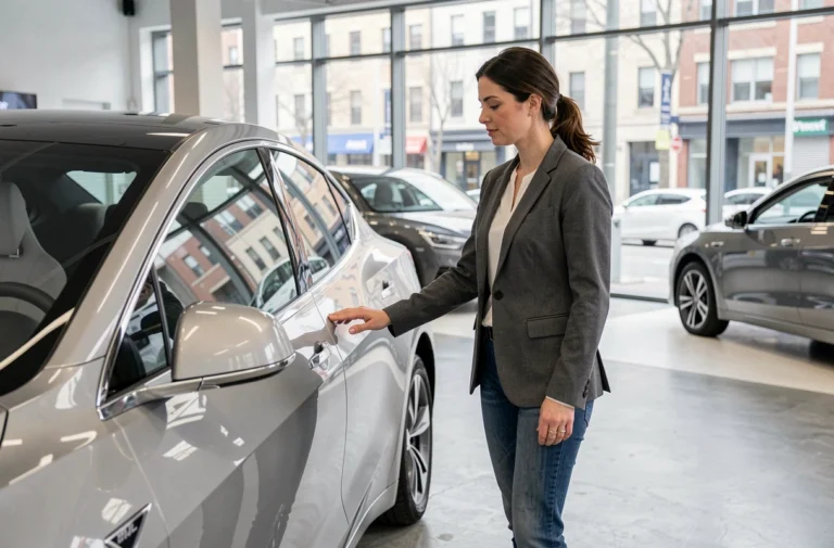 Femme examinant une voiture électrique moderne dans un showroom automobile en 2024
