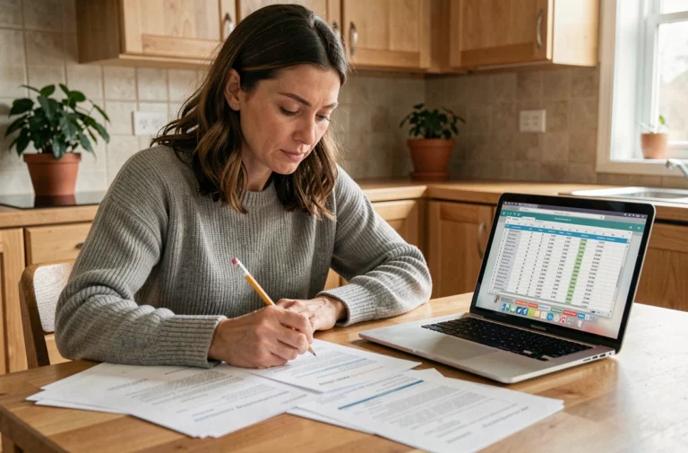 Femme comparant des offres de crédit sur documents imprimés et ordinateur portable à une table de cuisine en bois