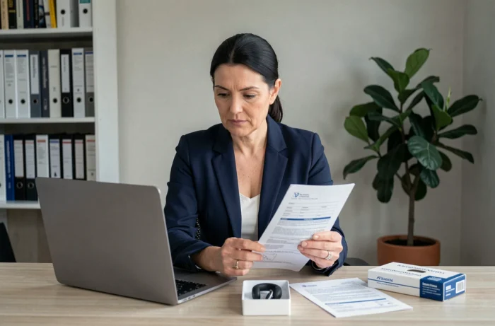 Femme comparant une boîte de prothèse auditive et un formulaire de remboursement d'assurance santé à son bureau à domicile