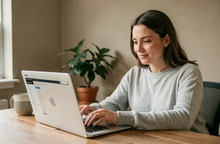 Femme consultant le plan du site Auto World sur un ordinateur portable dans un bureau à domicile