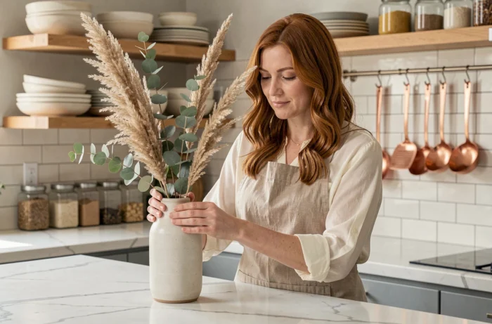 Femme arrangeant des fleurs séchées dans une cuisine moderne avec îlot en marbre et étagères en bois ouvertes